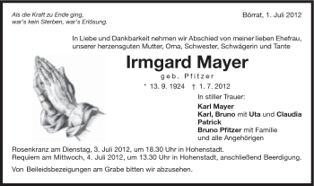 Traueranzeige von Irmgard Mayer von Schwäbische Post