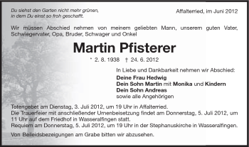 Traueranzeige von Martin Pfisterer von Schwäbische Post