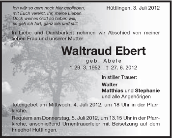 Traueranzeige von Waltraud Abele von Schwäbische Post