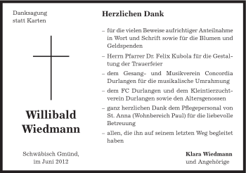 Traueranzeige von Willibald Wiedmann von Gmünder Tagespost