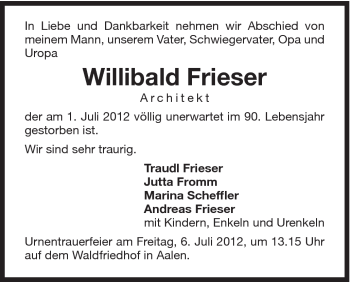 Traueranzeige von Willibald Frieser von Schwäbische Post