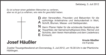 Traueranzeige von Josef Häußler von Schwäbische Post