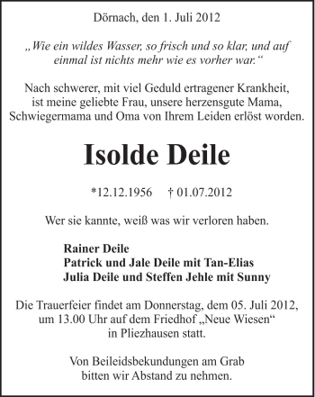 Traueranzeige von Isolde Deile von Schwäbische Post