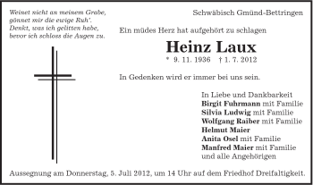 Traueranzeige von Heinz Xaux von Gmünder Tagespost