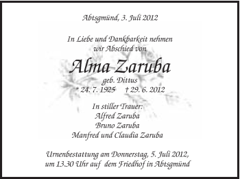 Traueranzeige von Alma Zaruba von Schwäbische Post