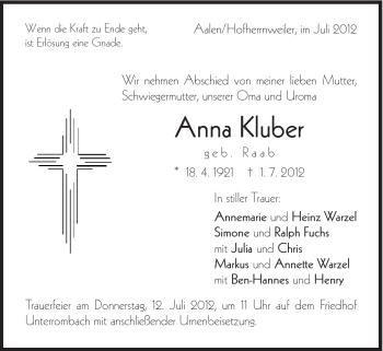 Traueranzeige von Anna Kluber von Schwäbische Post