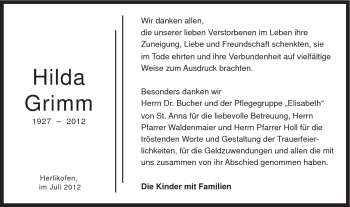 Traueranzeige von Hilda Grimm von Gmünder Tagespost