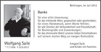 Traueranzeige von Wolfgang Saile von Gmünder Tagespost