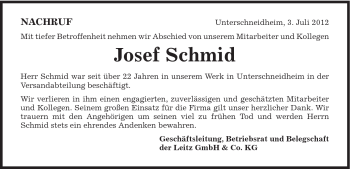 Traueranzeige von Josef Schmid von Schwäbische Post