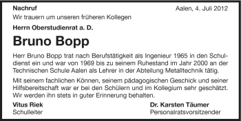 Traueranzeige von Bruno Bopp von Schwäbische Post