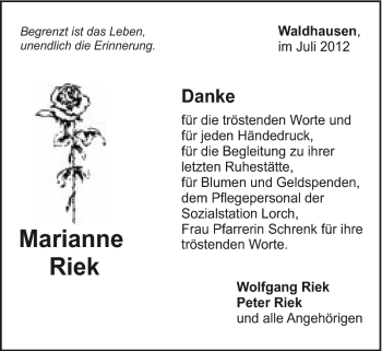 Traueranzeige von Marianne Riek von Gmünder Tagespost