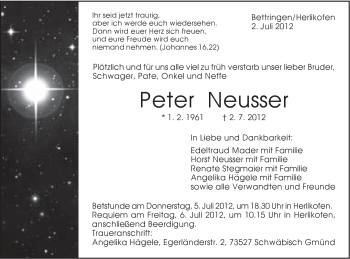 Traueranzeige von Peter Neusser von Gmünder Tagespost