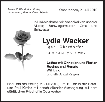 Traueranzeige von Lydia Wacker von Schwäbische Post