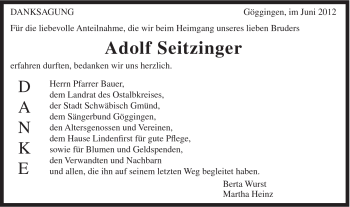 Traueranzeige von Adolf Seitzinger von Gmünder Tagespost