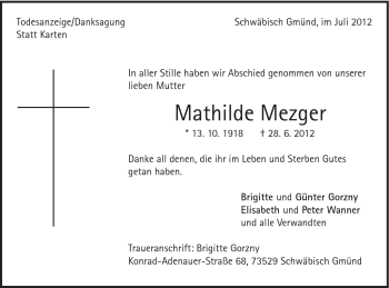 Traueranzeige von Mathilde Mezger von Gmünder Tagespost