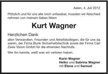 Traueranzeige von Kurt Wagner von Schwäbische Post