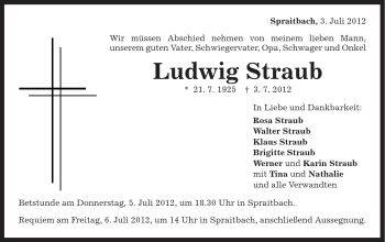 Traueranzeige von Ludwig Straub von Gmünder Tagespost