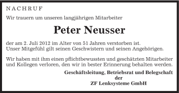 Traueranzeige von Peter Neusser von Gmünder Tagespost
