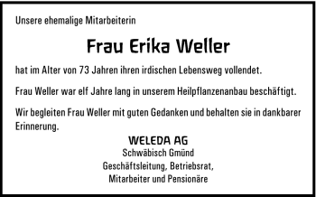 Traueranzeige von Erika Weller von Gmünder Tagespost