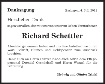 Traueranzeige von Richard Schettler von Schwäbische Post