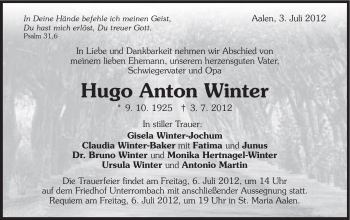 Traueranzeige von Hugo Anton Winter von Schwäbische Post