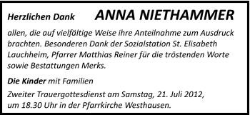 Traueranzeige von Anna Niethammer von Schwäbische Post