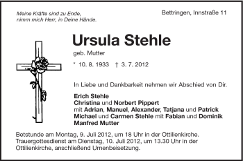 Traueranzeige von Ursula Stehle von Gmünder Tagespost