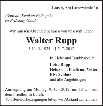 Traueranzeige von Walter Rupp von Gmünder Tagespost
