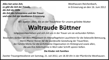 Traueranzeige von Waltraude Büttner von Schwäbische Post