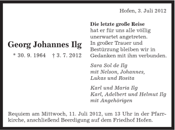 Traueranzeige von Georg Johannes Ilg von Schwäbische Post