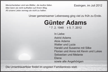 Traueranzeige von Günter Adams von Schwäbische Post