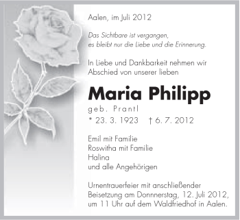 Traueranzeige von Maria Philipp von Schwäbische Post