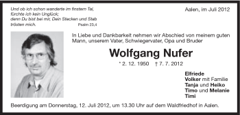 Traueranzeige von Wolfgang Nufer von Schwäbische Post