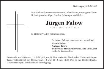 Traueranzeige von Jürgen Falow von Gmünder Tagespost