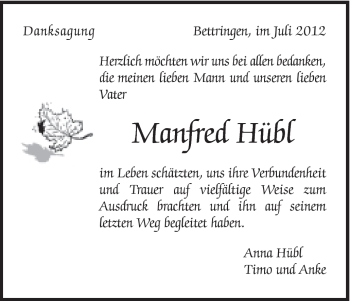 Traueranzeige von Manfred Hübl von Gmünder Tagespost