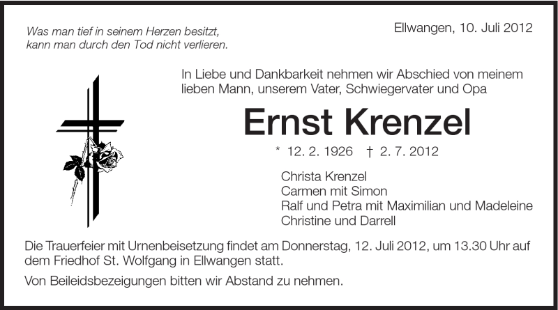  Traueranzeige für Ernst Krenzel vom 10.07.2012 aus Schwäbische Post
