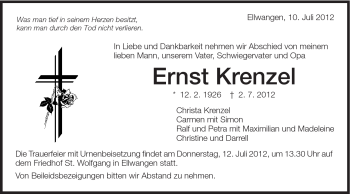 Traueranzeige von Ernst Krenzel von Schwäbische Post