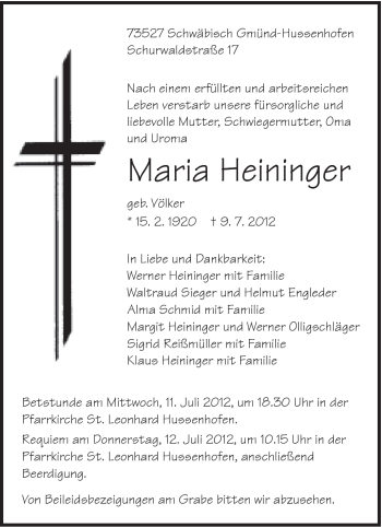 Traueranzeige von Maria Heininger von Gmünder Tagespost
