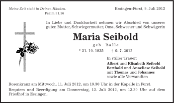 Traueranzeige von Seibold Maria von Schwäbische Post
