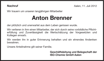 Traueranzeige von Anton Brenner von Schwäbische Post
