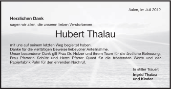 Traueranzeige von Hubert Thalau von Schwäbische Post