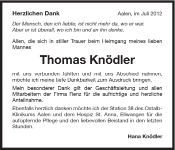 Traueranzeige von Thomas Knödler von Schwäbische Post