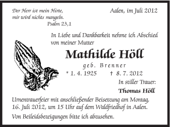 Traueranzeige von Mathilde Höll von Schwäbische Post