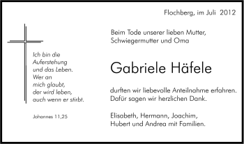 Traueranzeige von Gabriele Häfele von Schwäbische Post
