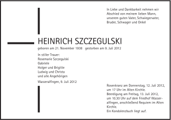 Traueranzeige von Heinrich Szczegulski von Schwäbische Post