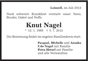 Traueranzeige von Knut Nagel von Gmünder Tagespost