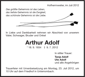 Traueranzeige von Arthur Adolf von Schwäbische Post