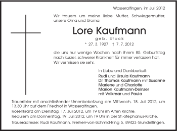 Traueranzeige von Lore Kaufmann von Schwäbische Post
