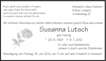 Traueranzeige von Susanna Lutsch von Gmünder Tagespost