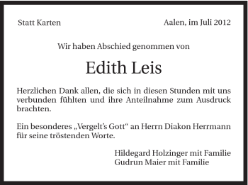 Traueranzeige von Edith Leis von Schwäbische Post